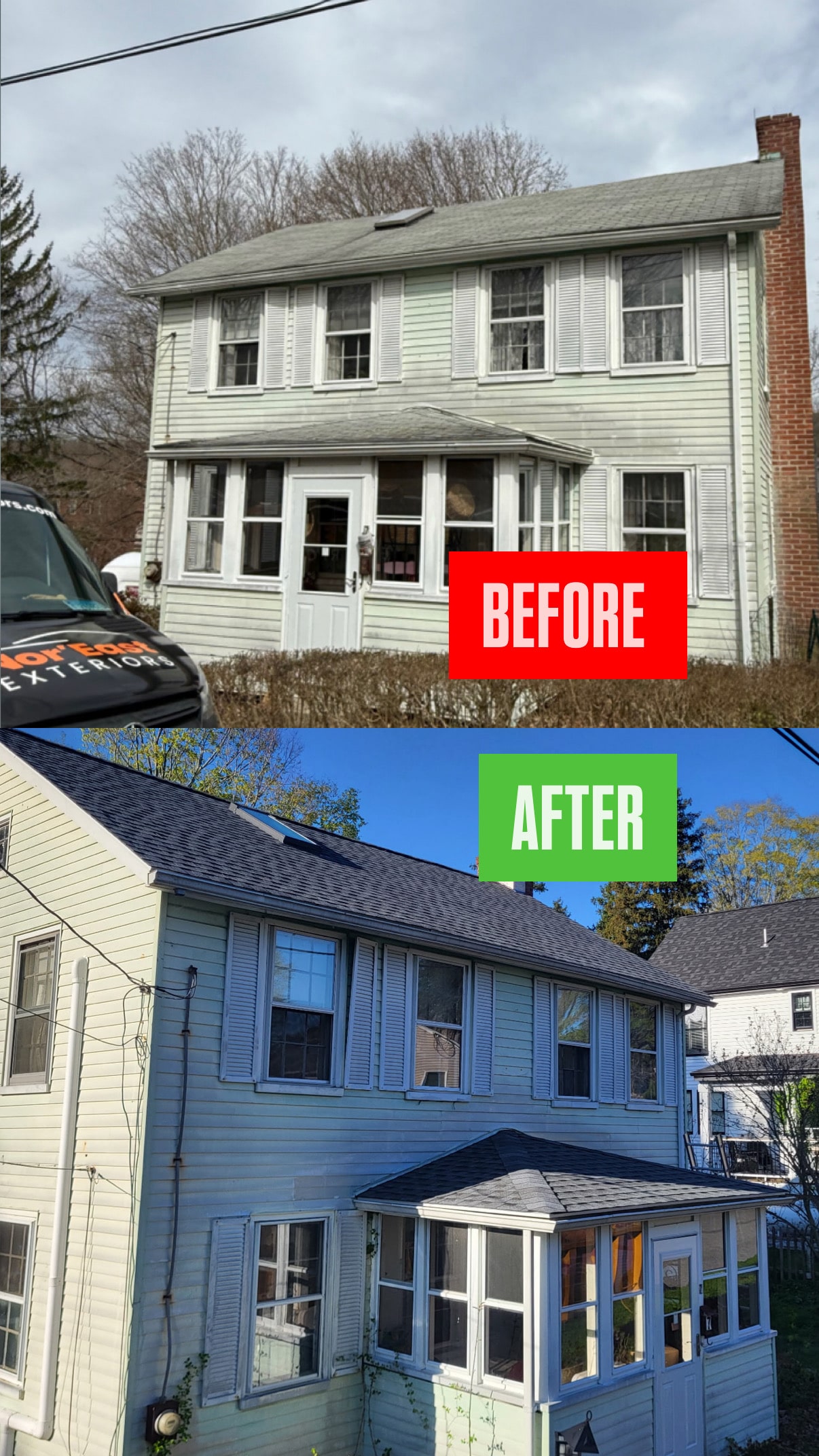 before and after photo of roofing project in Deep River